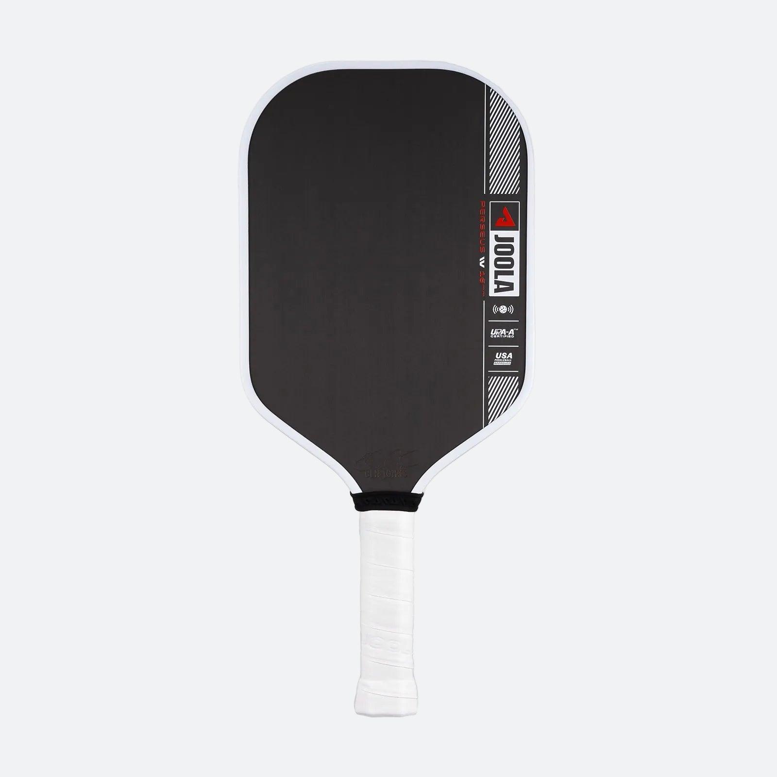 The JOOLA Perseus Pro IV 16mm pickleball paddle, a black thermoformed carbon paddle with a white grip, front view.