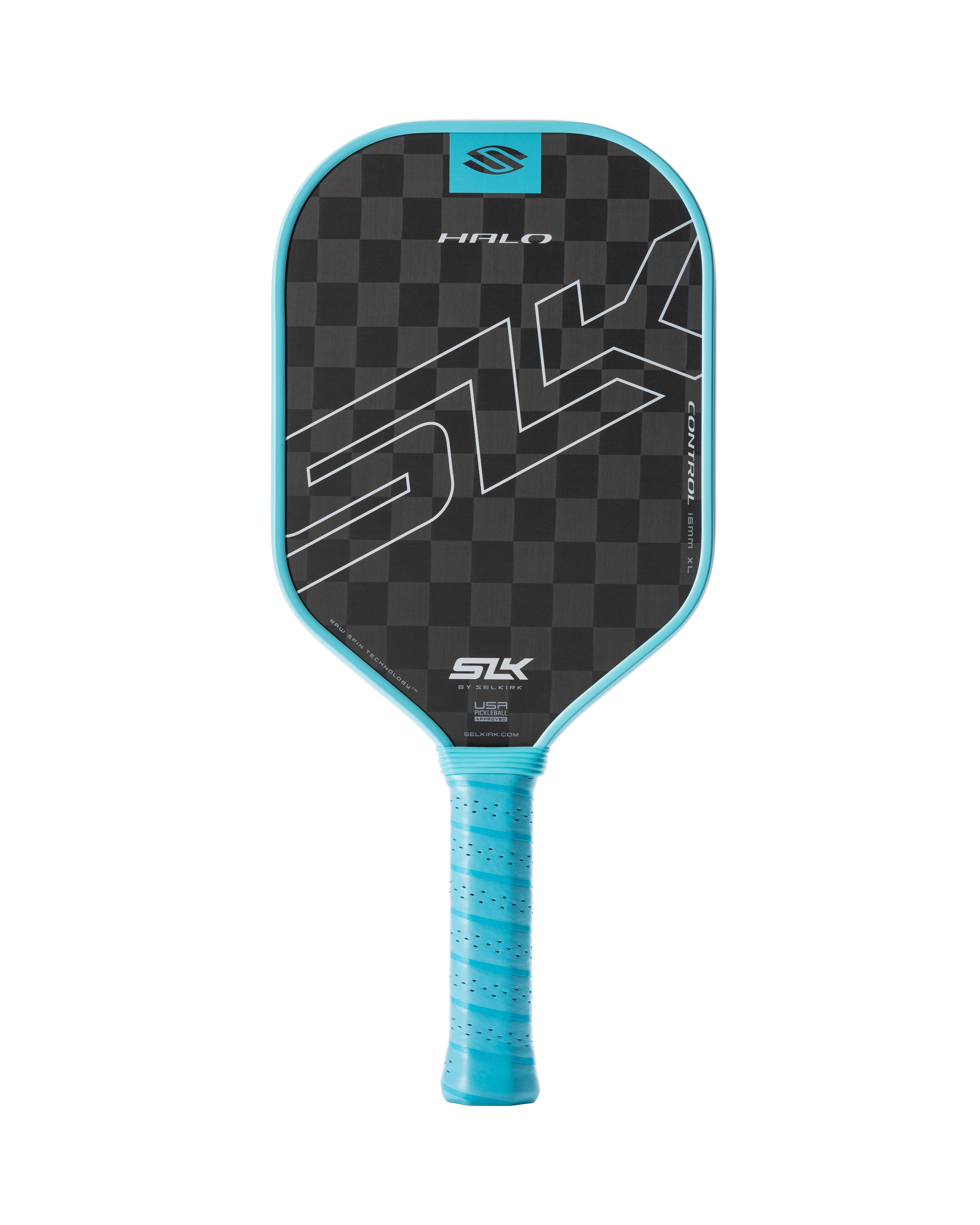 The Selkirk SLK Halo Control XL, an elongated raw carbon-fiber pickleball paddle.
