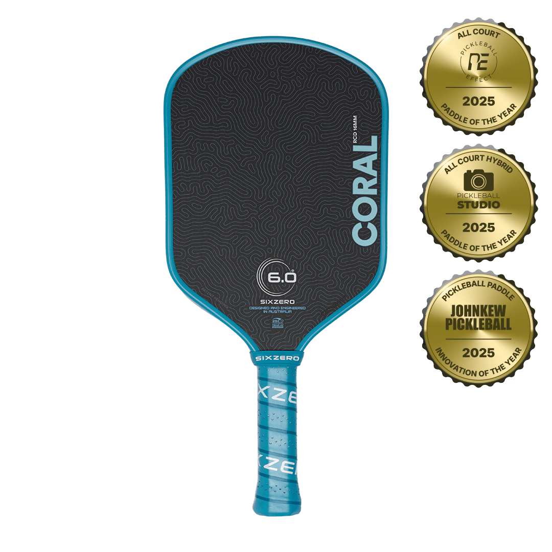 The Six Zero Coral 16mm all-court pickleball paddle, a blue raw-carbon paddle, front view.