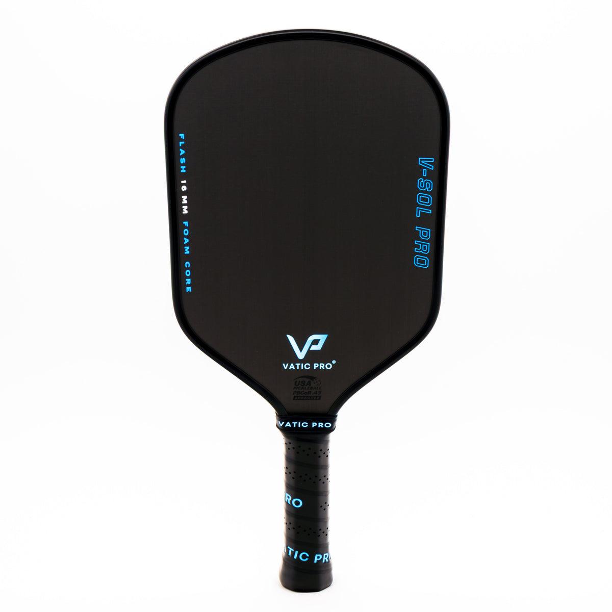 The Vatic Pro V-Sol Pro 16mm pickleball paddle, a hybrid-shape raw-carbon paddle, front view.